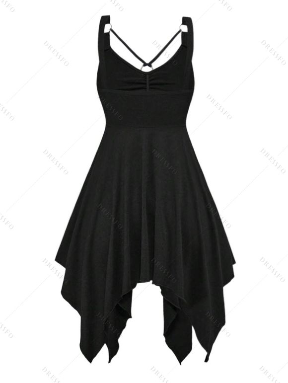 Robe gothique mi-longue à volants et œillets froncés de couleur unie avec chaîne et mouchoir - Noir M | US 6
