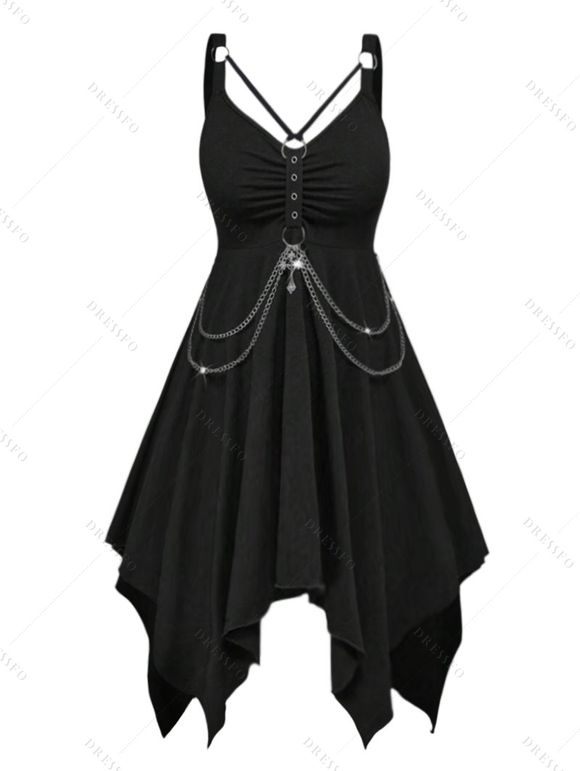 Robe gothique mi-longue à volants et œillets froncés de couleur unie avec chaîne et mouchoir - Noir L | US 8-10