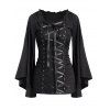 Haut gothique à lacets et volants, couleur unie, manches évasées, style décontracté - Noir M
