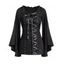 Haut gothique à lacets et volants, couleur unie, manches évasées, style décontracté - Noir M