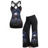 Halloween Gothic Outfit Rose Skull Leaf Print Butterfly Lace Tank Top and Pants Set - Noir S | US 4