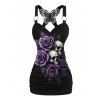Halloween Women Outfit Skull Rose Leaf Print Butterfly Lace Tank Top and Pants Set - Concorde S | US 4