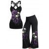 Halloween Women Outfit Skull Rose Leaf Print Butterfly Lace Tank Top and Pants Set - Concorde S | US 4