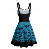 Robe gothique pour Halloween, mini-robe froncée à imprimé chauve-souris colorblock - Bleu profond S | US 4
