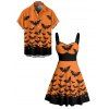 Gothic Couple Outfit for Halloween Bat Print Ruched Mini Dress and Shirt Set - Orange S | US 4