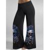 Pantalon gothique d'Halloween à imprimé feuilles et crâne rose, pantalon long à jambes larges - Bleu profond XXL | US 14