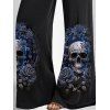 Pantalon gothique d'Halloween à imprimé feuilles et crâne rose, pantalon long à jambes larges - Bleu profond XXL | US 14