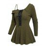 Women Outfit Textured Lace Up Skew Neck Skirted Sweatshirt and Grommet Pants Set - Vert Armée S | US 4