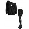 Halloween Outfit Ghost Letter Print Skew Neck Sweatshirt and Snap Button Pants Set - Noir S | US 4