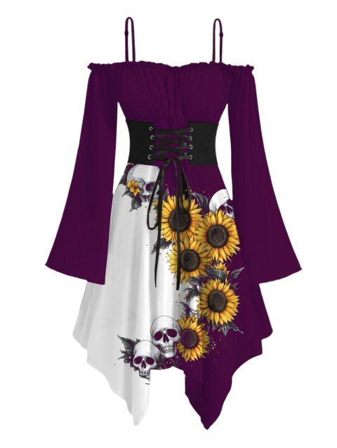 Sunflower Skulls Print Contrast Color Lace Up Gothic Dress Ruffle Off the Shoulder Long Flare Sleeve Midi Holiday Dress