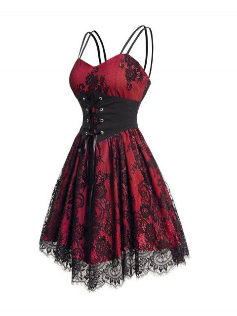 Robe camisole à doubles bretelles spaghetti et superposition de dentelle et de maille à imprimé floral sur toute la surface avec ceinture corset