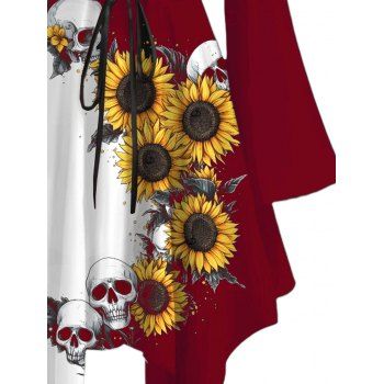 Sunflower Skulls Print Contrast Color Lace Up Gothic Dress Ruffle Off the Shoulder Long Flare Sleeve Midi Holiday Dress