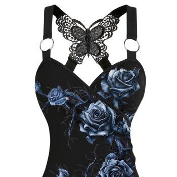 Gothic Tank Top Rose Print Butterfly Lace Ruched Long Top