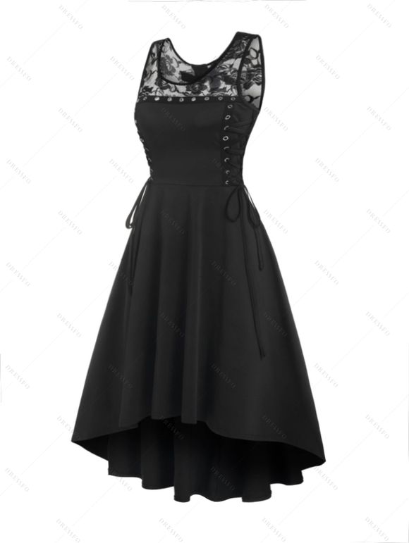 Robe Mi-longue Haute Basse Gothique Découpée Panneau en Dentelle - Noir L