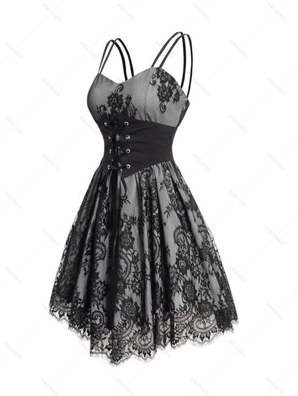 Robe camisole à doubles bretelles spaghetti et superposition de dentelle et de maille à imprimé floral sur toute la surface avec ceinture corset - Gris XXL | US 14