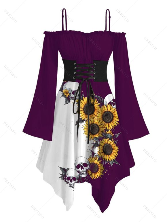 Robe gothique à lacets et imprimé tête de mort de tournesol, couleur contrastée, à volants, épaules dénudées, manches longues évasées, robe mi-longue de vacances - Concorde M | US 6
