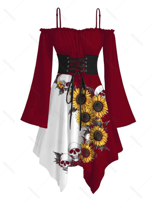 Robe gothique à lacets et imprimé tête de mort de tournesol, couleur contrastée, à volants, épaules dénudées, manches longues évasées, robe mi-longue de vacances - Rouge foncé XXL | US 14
