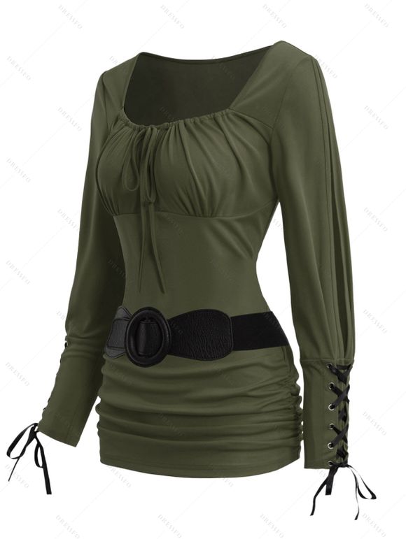 Haut Plissé à Poitrine en Couleur Unie Manches Longues à Col Rond pour Femme - Vert Armée M | US 6