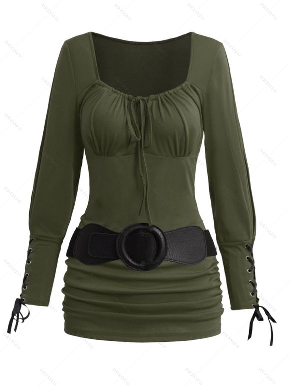 Haut Plissé à Poitrine en Couleur Unie Manches Longues à Col Rond pour Femme - Vert Armée XXL | US 14
