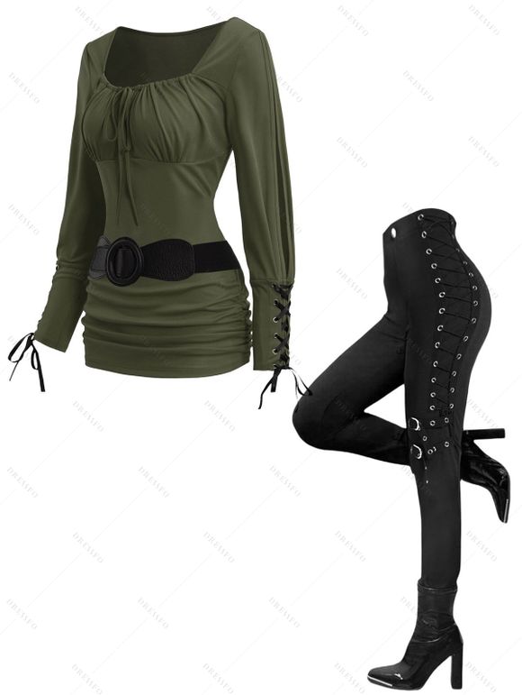 Valentine's Day Women Outfit Lace Up Long Sleeve Ruched Top and Grommet Pants Set - Vert profond S | US 4