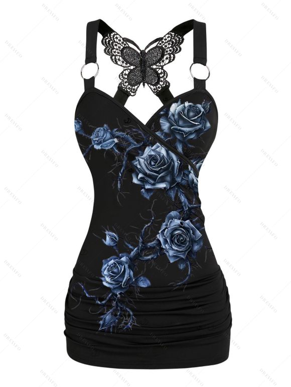 Débardeur gothique imprimé roses et papillons en dentelle froncée - Bleu XXL | US 14