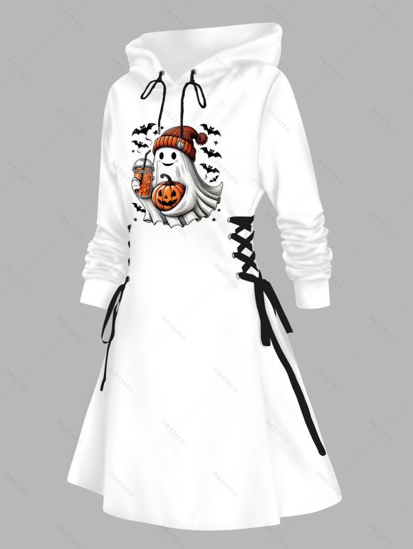 Robe à capuche imprimée citrouille fantôme d'Halloween, mini-robe à lacets et cordons de serrage - Blanc S | US 4