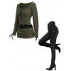 Valentine's Day Women Outfit Lace Up Long Sleeve Ruched Top and Grommet Pants Set - Vert profond S | US 4