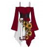 Robe gothique à lacets et imprimé tête de mort de tournesol, couleur contrastée, à volants, épaules dénudées, manches longues évasées, robe mi-longue de vacances - Rouge foncé XXL | US 14
