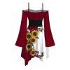 Robe gothique à lacets et imprimé tête de mort de tournesol, couleur contrastée, à volants, épaules dénudées, manches longues évasées, robe mi-longue de vacances - Rouge foncé XXL | US 14