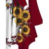 Robe gothique à lacets et imprimé tête de mort de tournesol, couleur contrastée, à volants, épaules dénudées, manches longues évasées, robe mi-longue de vacances - Rouge foncé XXL | US 14