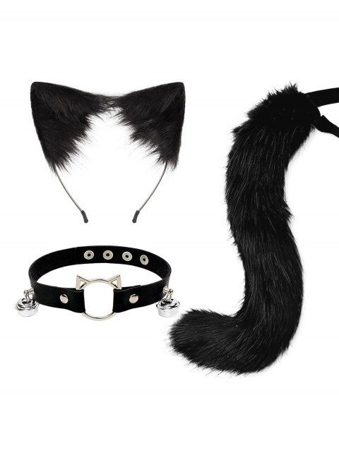 Ensemble de cosplay 3 pièces avec queue en fourrure artificielle et serre-tête oreilles de chat avec clochette