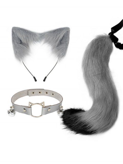 Ensemble de cosplay 3 pièces avec queue en fourrure artificielle et serre-tête oreilles de chat avec clochette