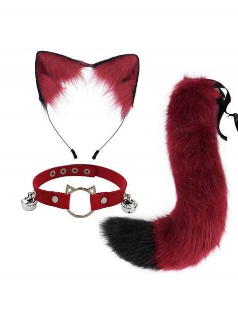 Ensemble de cosplay 3 pièces avec queue en fourrure artificielle et serre-tête oreilles de chat avec clochette