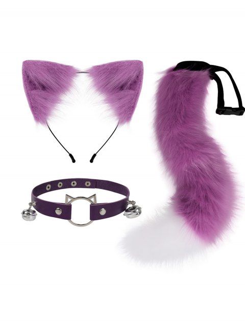 Ensemble de cosplay 3 pièces avec queue en fourrure artificielle et serre-tête oreilles de chat avec clochette