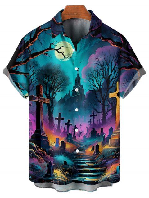 Chemise d'Halloween pour homme, boutonnée, motif croix et lune