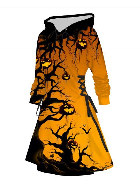 Robe à capuche gothique d'Halloween, mini-robe à lacets et cordons de serrage, imprimé citrouille et chauve-souris