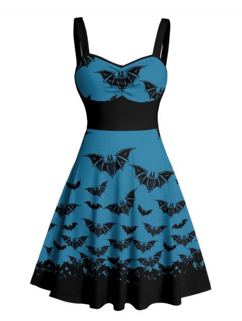 Robe gothique pour Halloween, mini-robe froncée à imprimé chauve-souris colorblock
