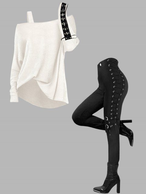 Women Outfit Skew Neck Textured Solid Color Top and Grommet Lace Up Leggings Set