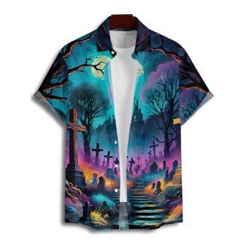 Men's Halloween Shirt Cross Moon Print Button Up Shirt