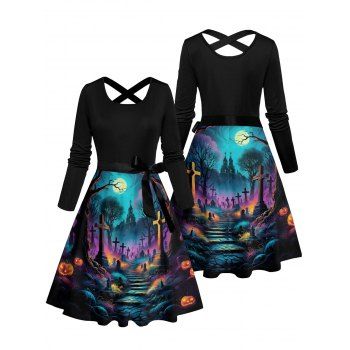 Halloween Dress Cross Moon Print Crossover Belt Midi Dress