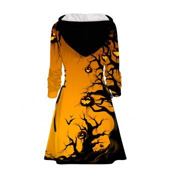 Halloween Gothic Hoodie Dress Pumpkin Bat Print Lace Up Drawstrings Mini Dress