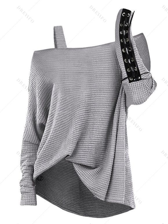 Haut décontracté texturé de couleur unie à manches longues et col incliné - Gris Clair M | US 6