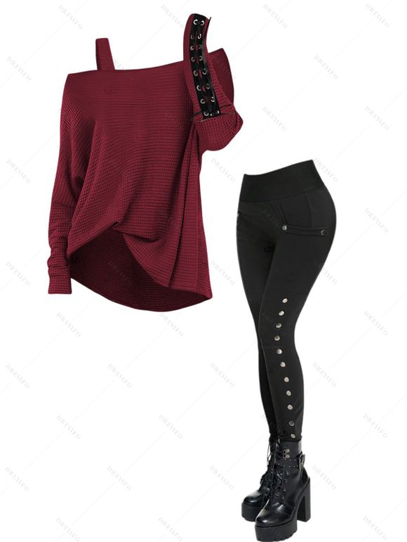 Women Gothic Outfit Textured Skew Neck Long Sleeve Top and Grommet Pants Set - Rouge foncé S | US 4