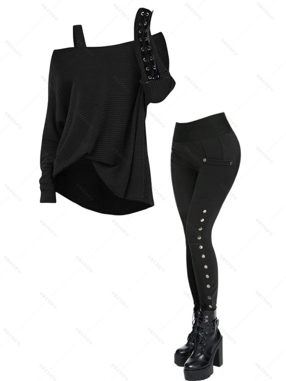 Women Gothic Outfit Textured Skew Neck Long Sleeve Top and Grommet Pants Set - Noir S | US 4