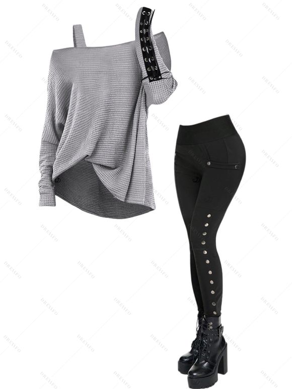 Women Gothic Outfit Textured Skew Neck Long Sleeve Top and Grommet Pants Set - Gris Clair S | US 4