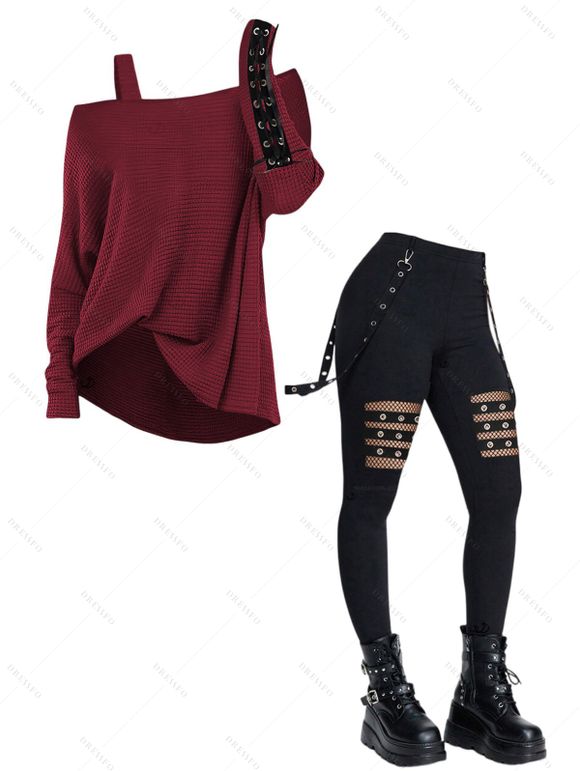 Women Gothic Outfit Textured Skew Neck Top and Grommet Hollow Out Pants Set - Rouge foncé S | US 4