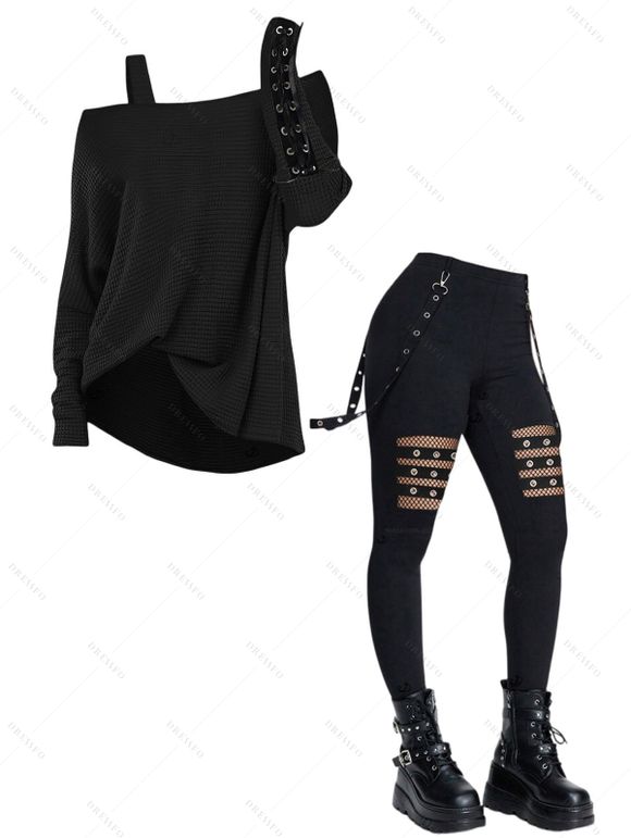 Women Gothic Outfit Textured Skew Neck Top and Grommet Hollow Out Pants Set - Noir S | US 4