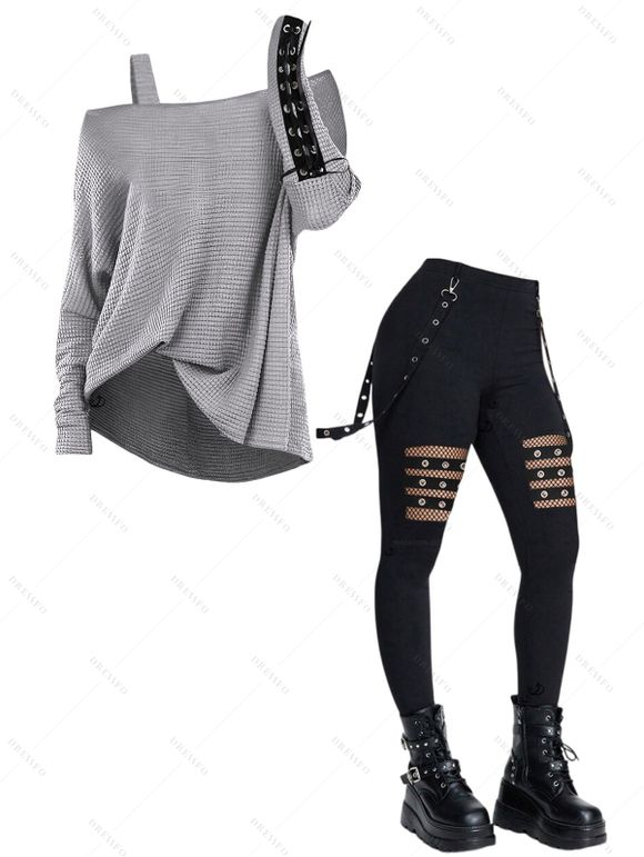 Women Gothic Outfit Textured Skew Neck Top and Grommet Hollow Out Pants Set - Gris Clair S | US 4