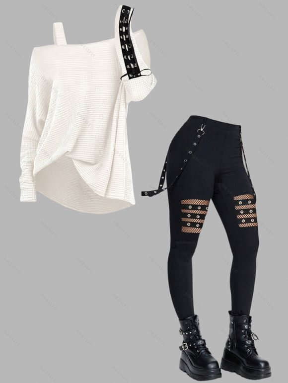 Women Gothic Outfit Textured Skew Neck Top and Grommet Hollow Out Pants Set - Blanc S | US 4