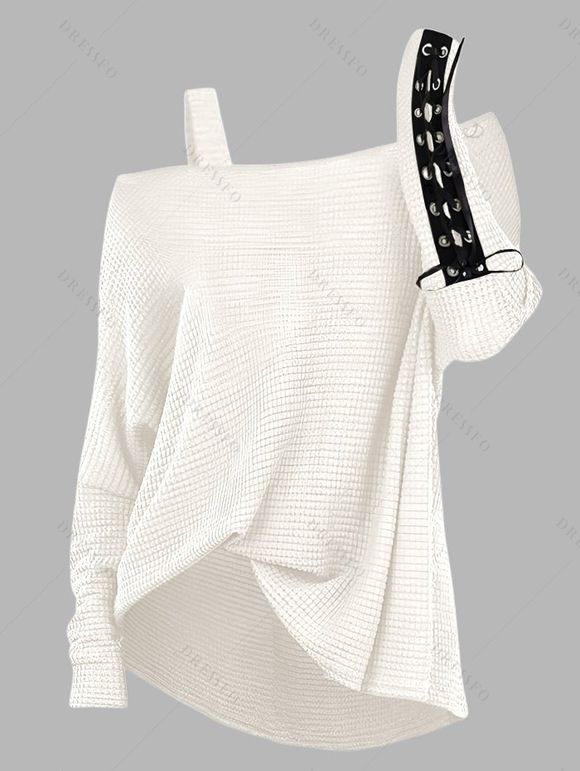 Women Gothic Outfit Textured Skew Neck Top and Grommet Hollow Out Pants Set - Blanc S | US 4